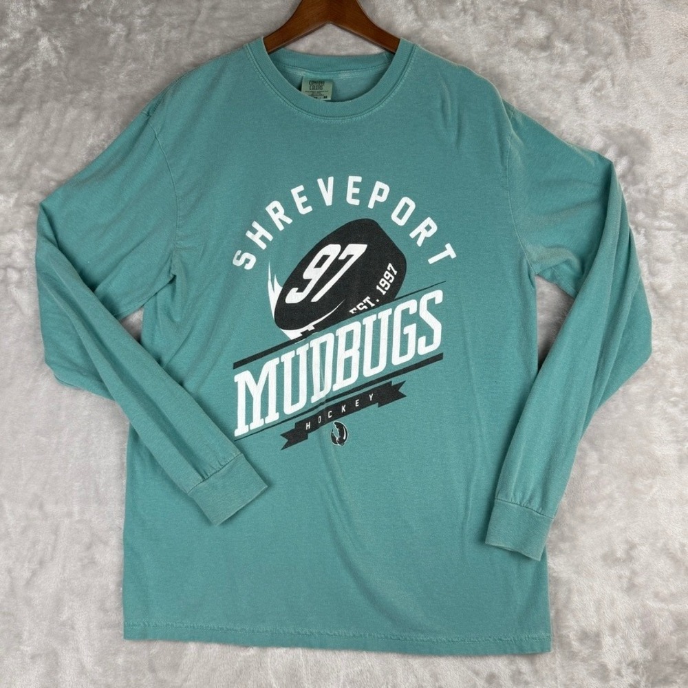 vintage Shreveport Mudbugs Hockey Long Sleeve‎ T Shirt Teal Mens M